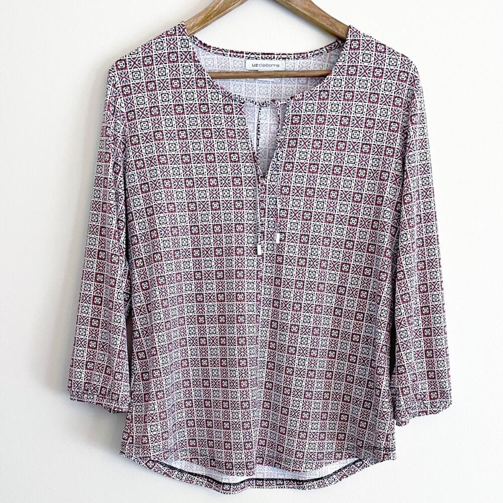 💗 3/$10 💗 Liz Claiborne geometric print blouse red white black Large EUC